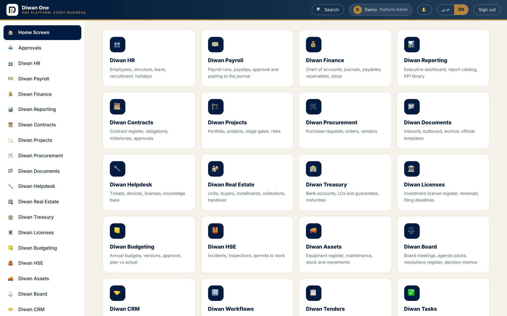 The Diwan One home screen in English showing the platform modules in a grid of cards