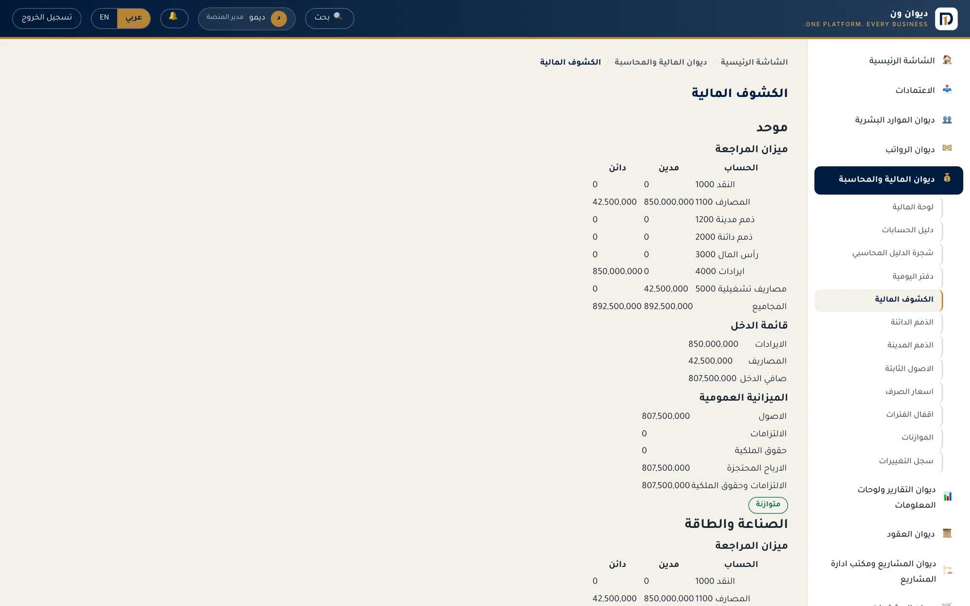 شاشة الكشوف المالية تعرض ميزان المراجعة وقائمة الدخل والميزانية العمومية مع مؤشر التوازن